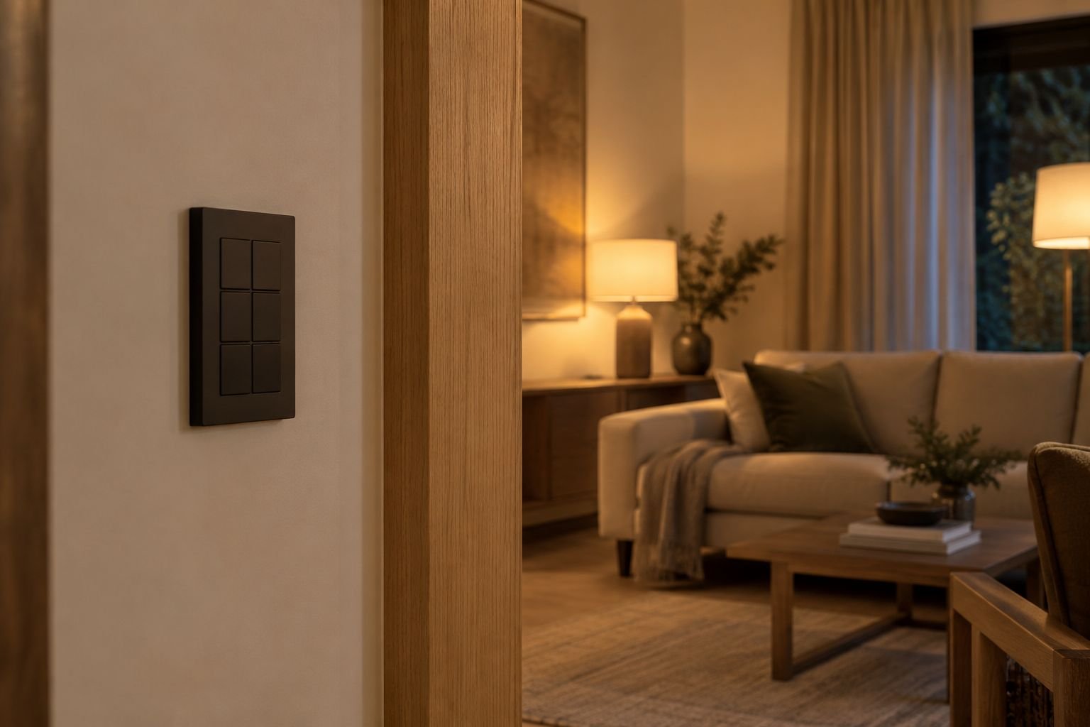 A discreet six-button wall control sits beside a timber doorway.
