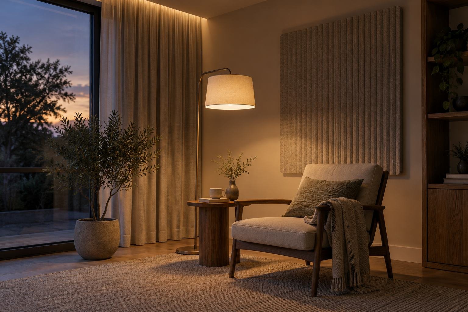 A softly lit reading chair sits beside curtains and a textured acoustic panel.