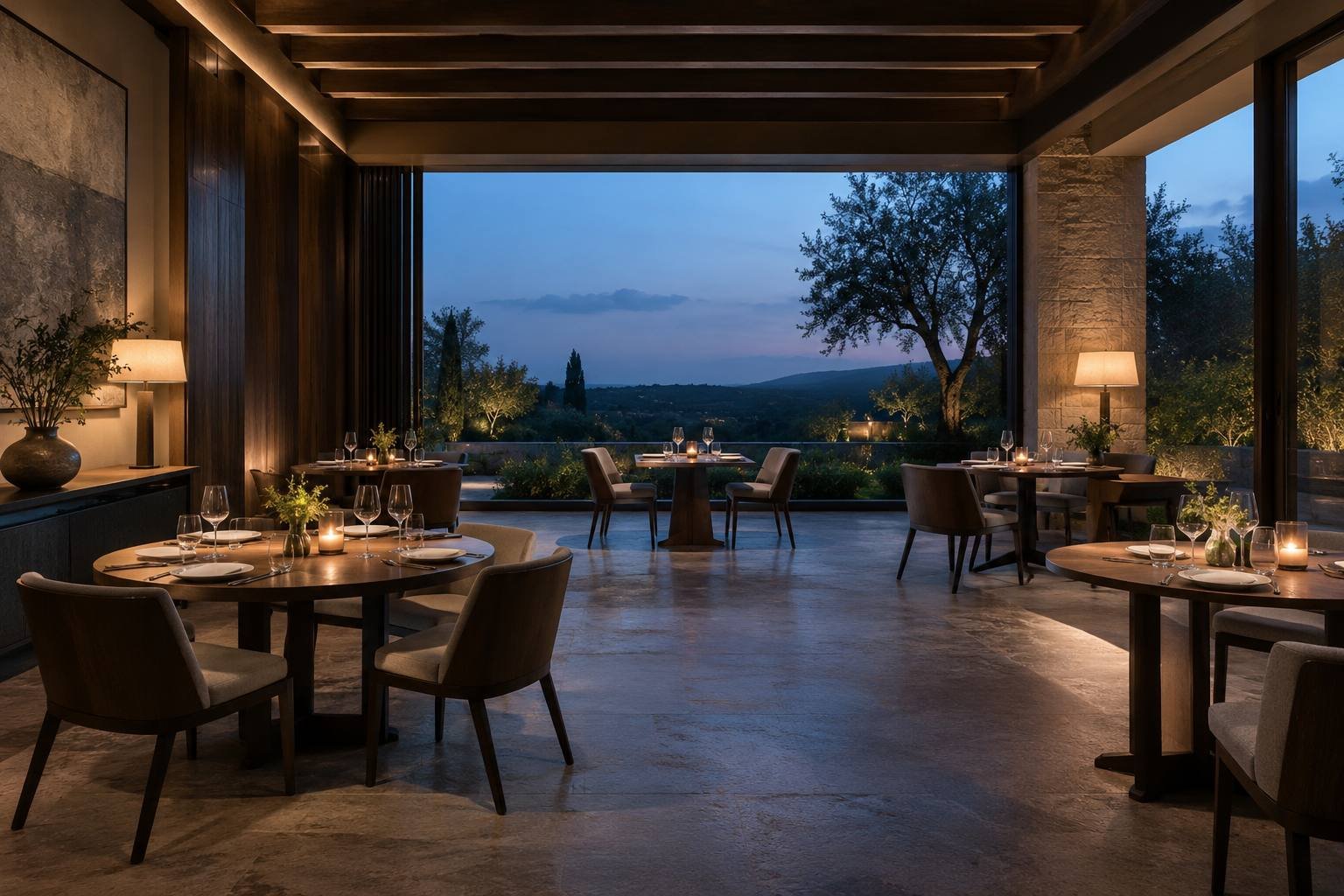 A quiet contemporary dining room opens to a garden at blue hour.
