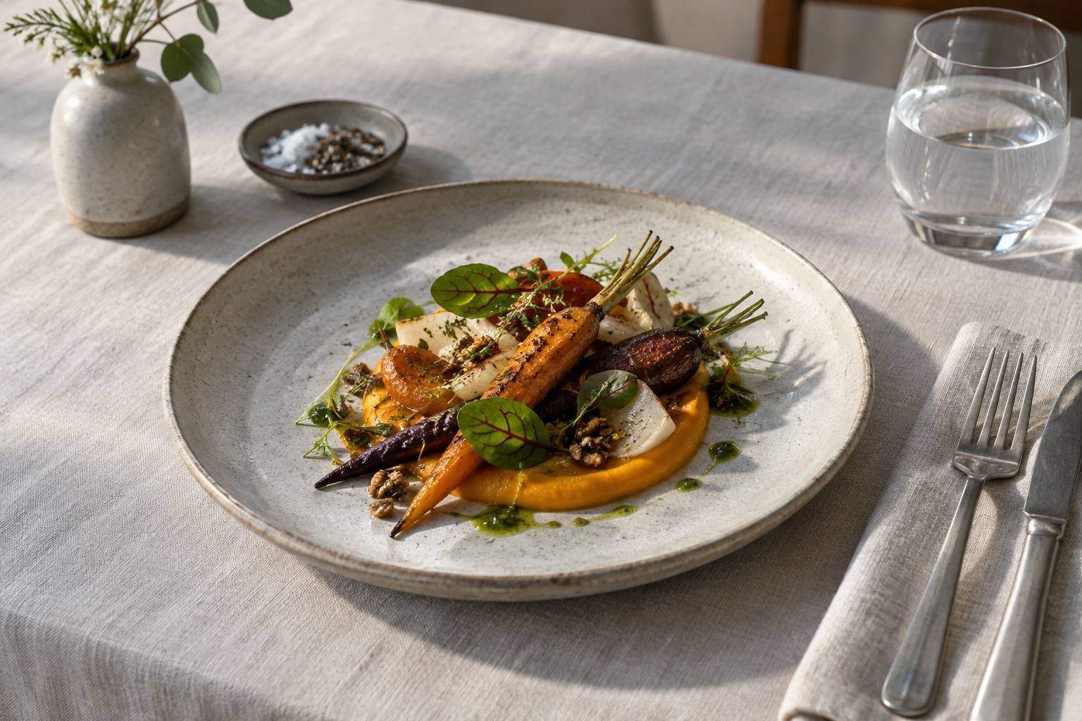 A seasonal vegetable course is served on a handmade ceramic plate.