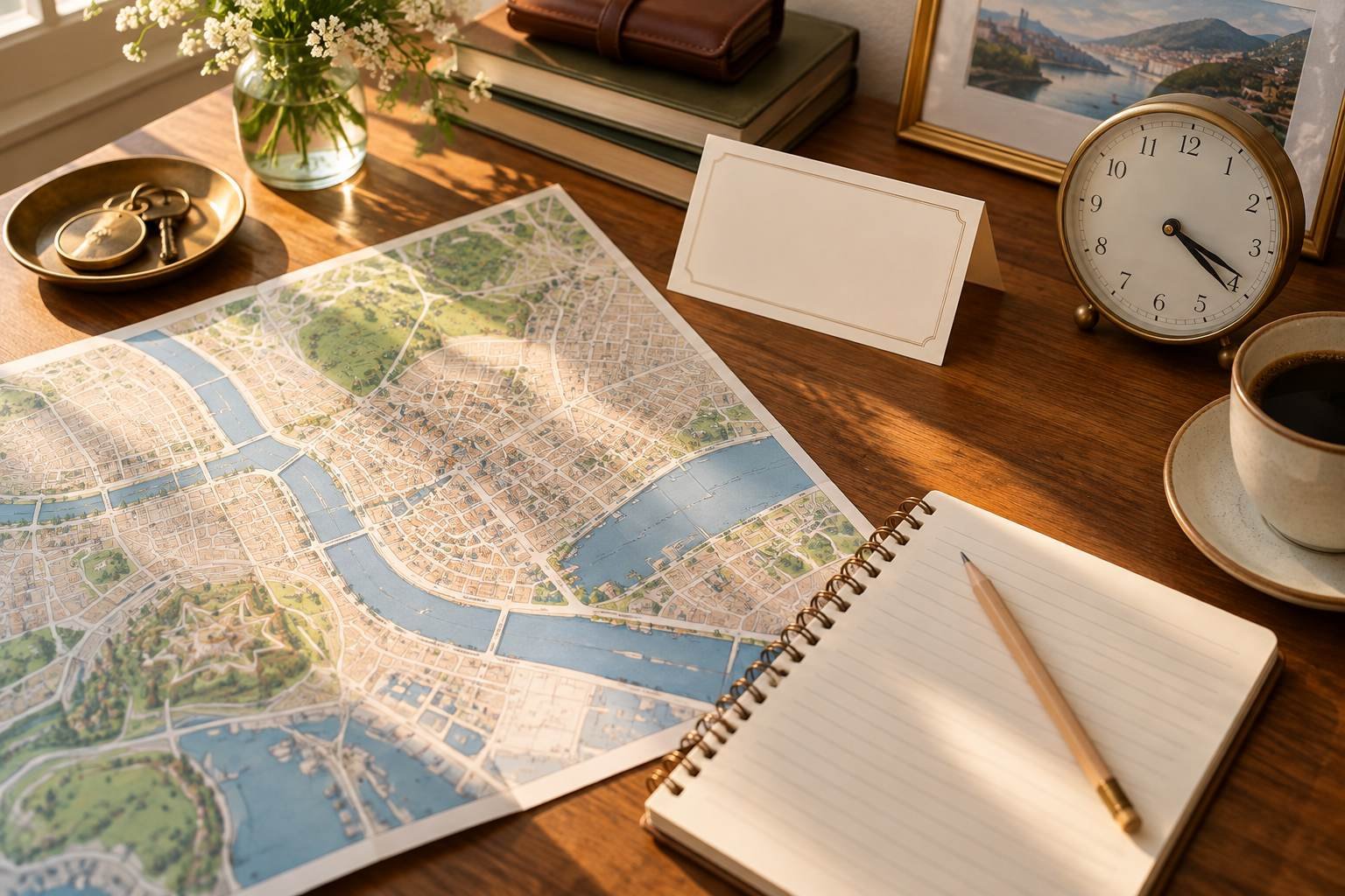 A fictional city map, clock and blank card sit beside a travel notebook.