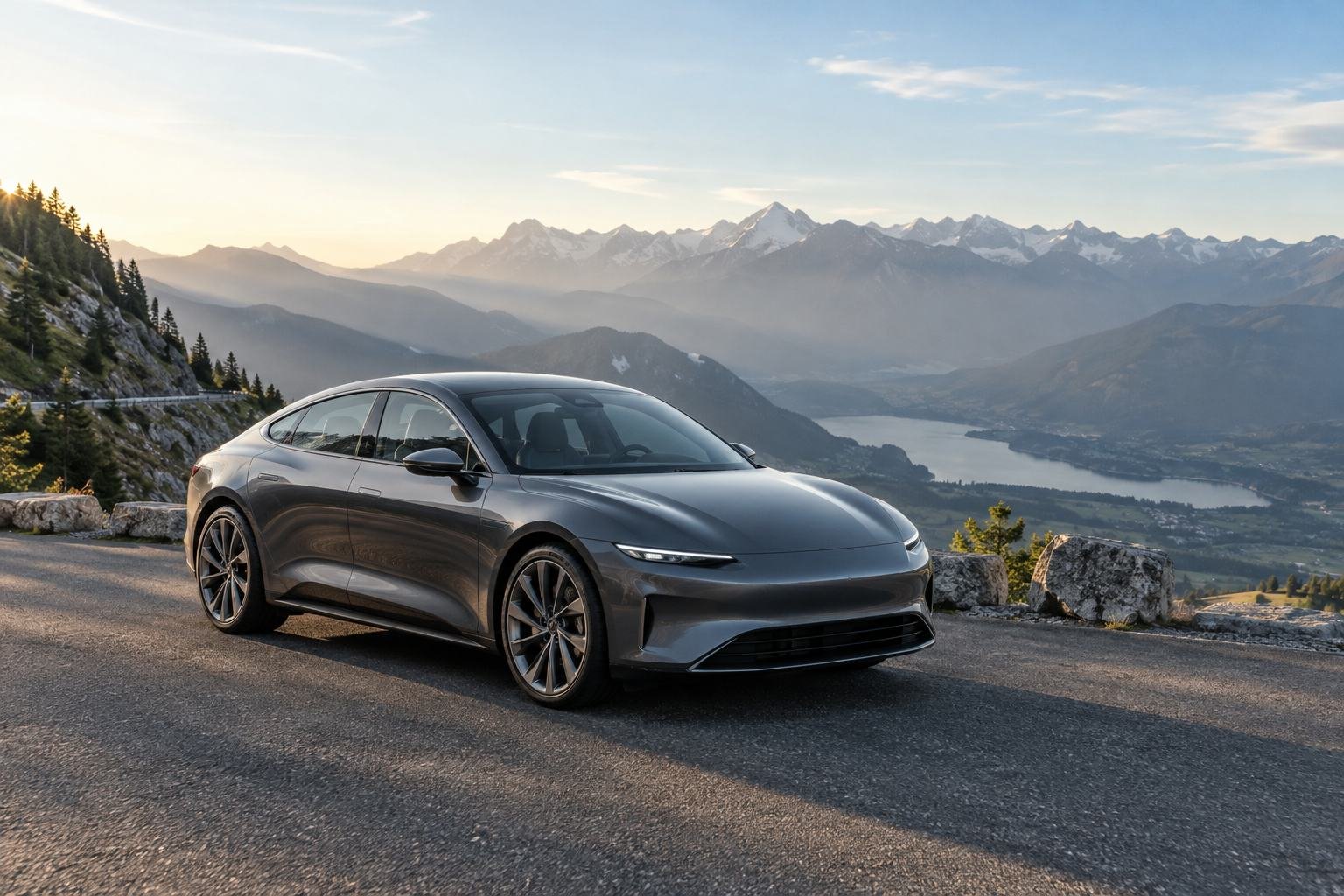 A gray electric grand tourer is parked at an alpine overlook above a lake.
