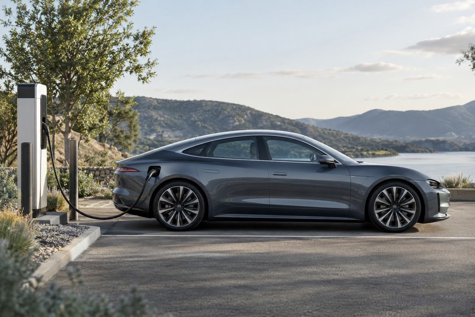 An electric fastback charges at an unbranded station beside a mountain lake.