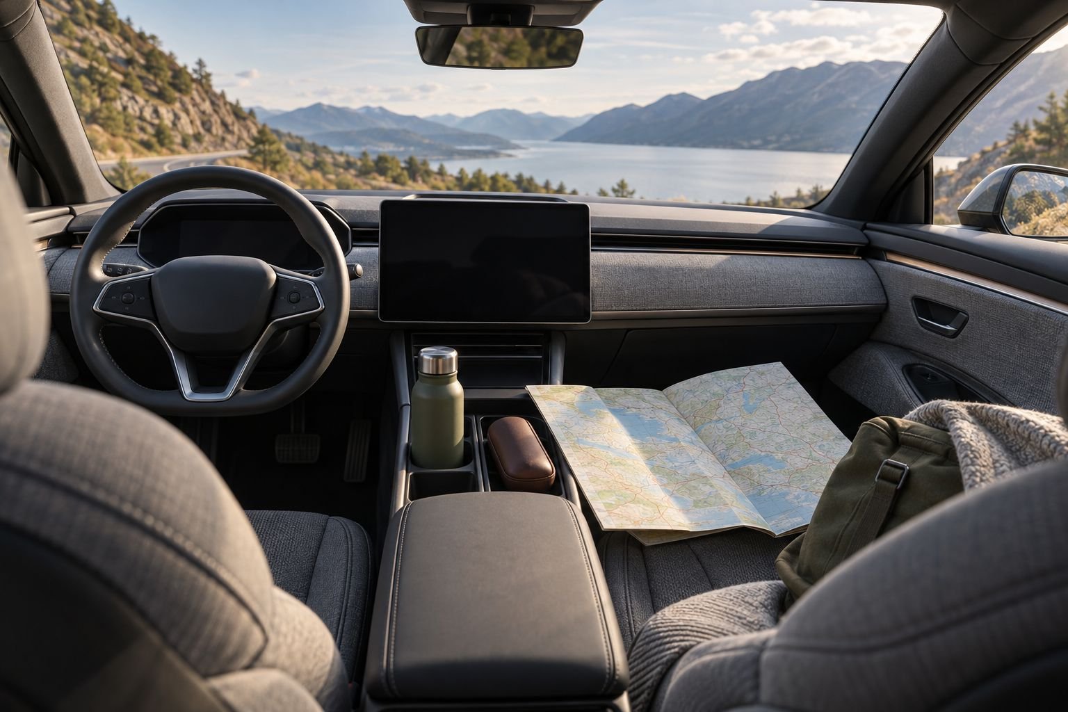 A quiet electric-car cabin contains a folded road map and reusable water bottle.