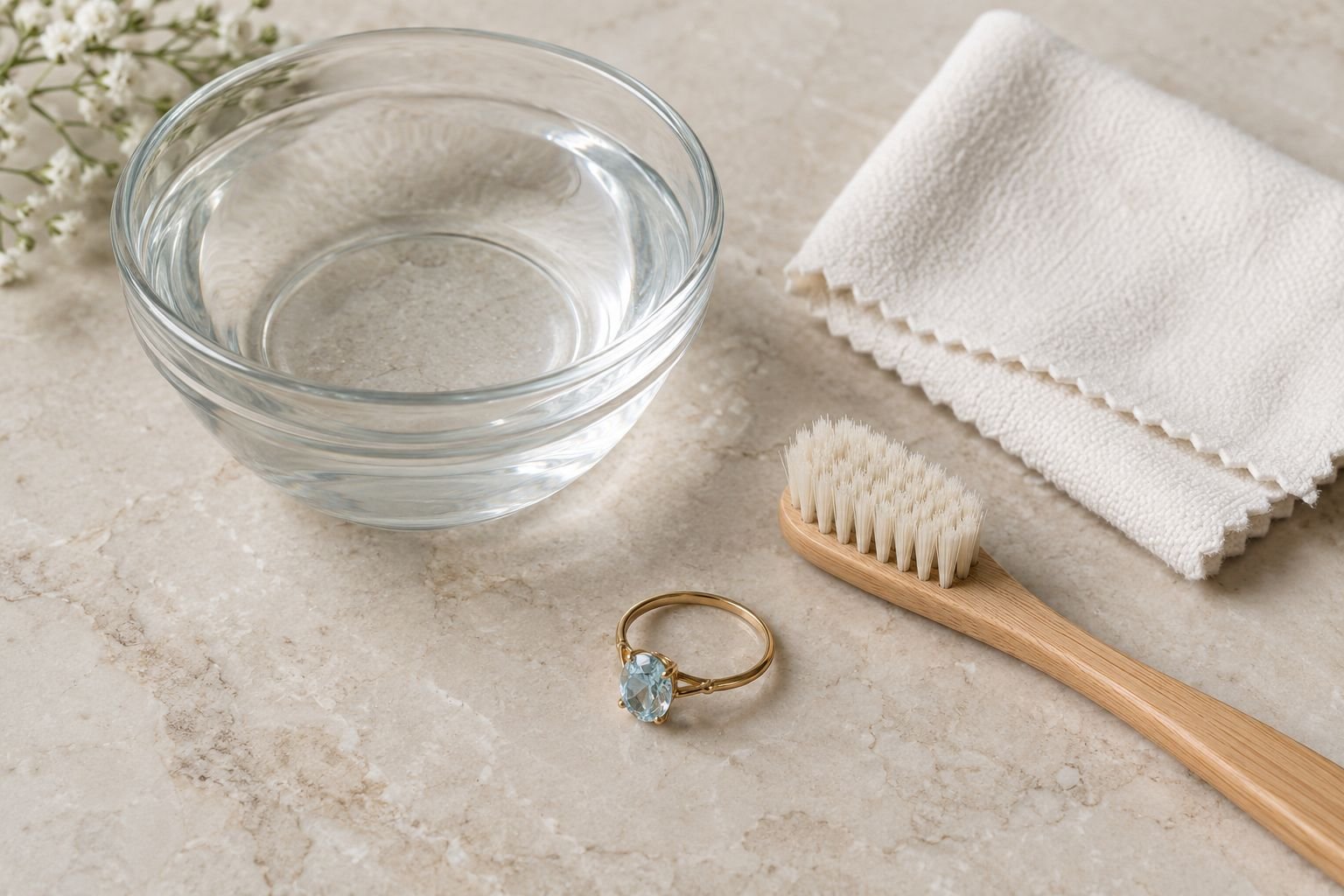 A gemstone ring lies beside a soft brush, water bowl and lint-free cloth.