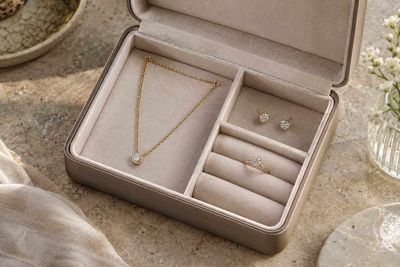 A necklace, earrings and ring are separated inside a soft jewelry case.