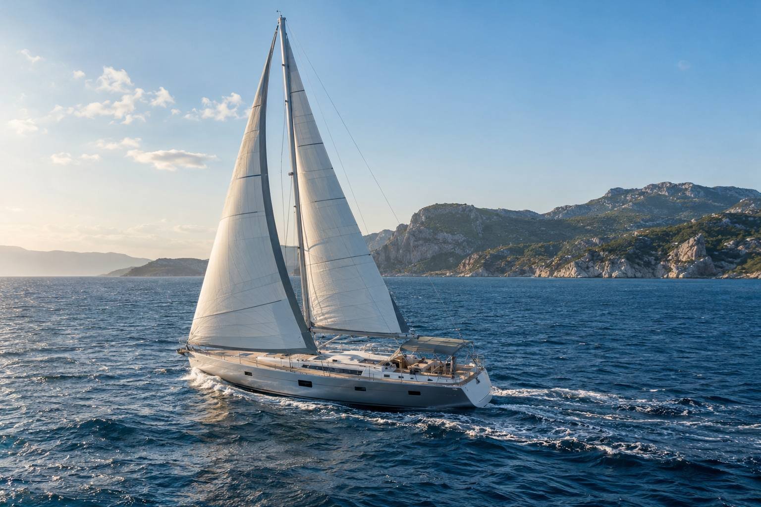 A crewed sailing yacht moves through open blue water near a rugged coast.