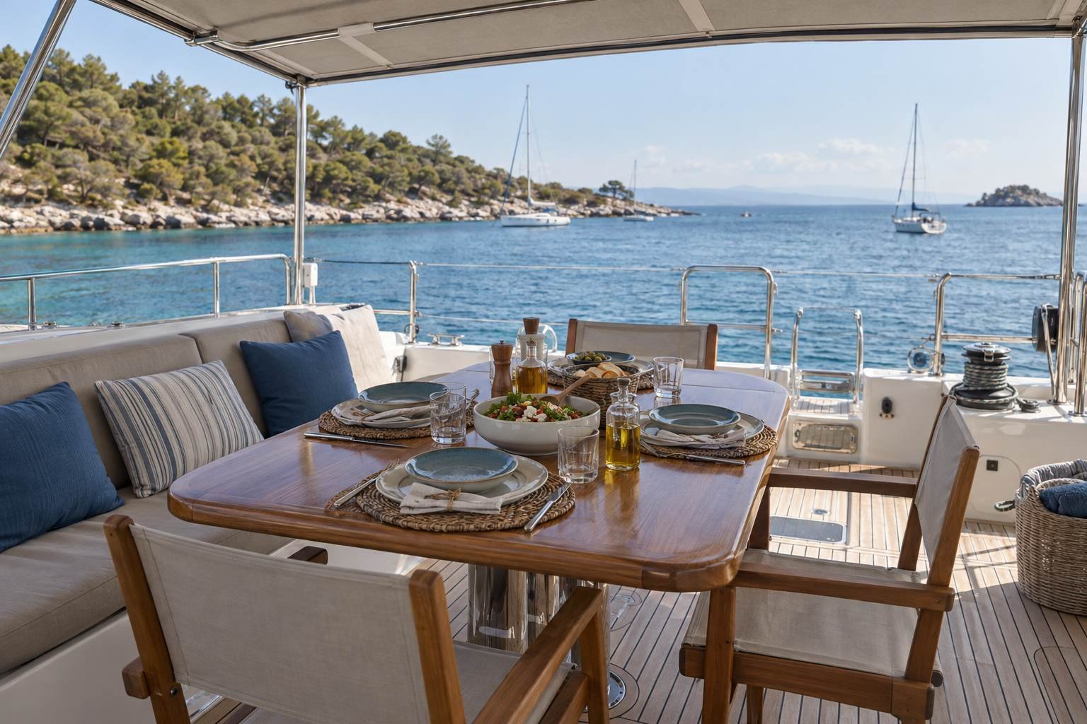 A shaded yacht deck is set for lunch above a calm anchorage.