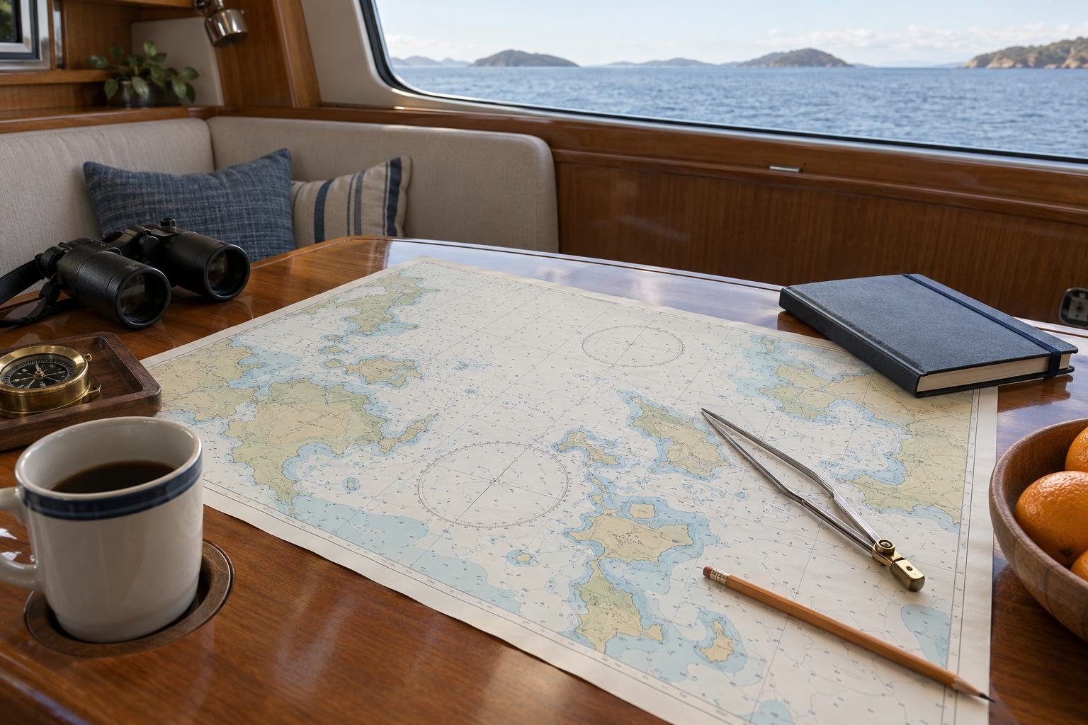 A fictional nautical chart, dividers and binoculars rest on a yacht table.