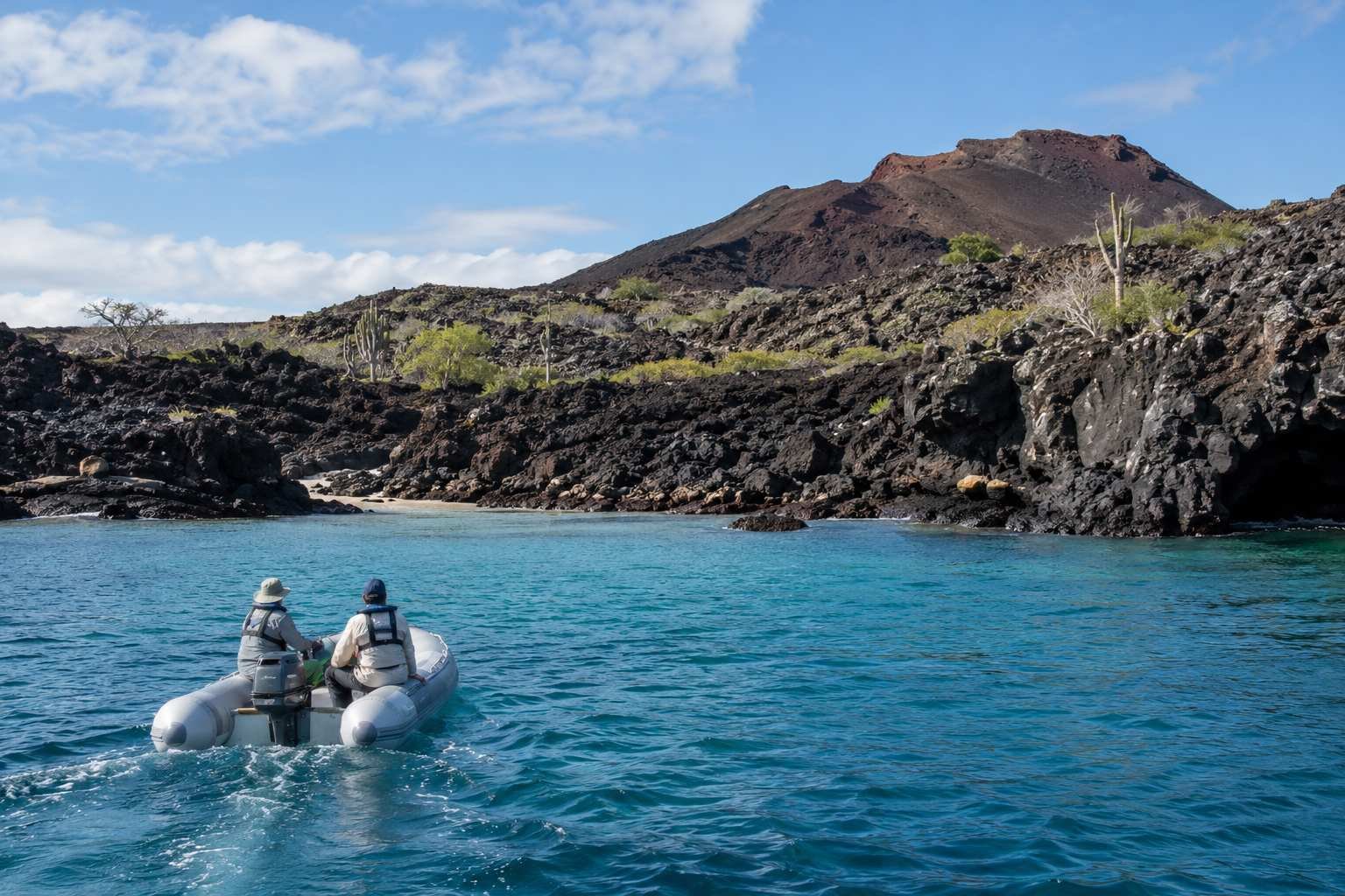 Two travelers in life vests approach a dark volcanic shore in a small tender.