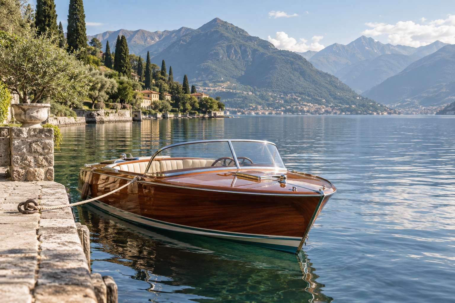 A polished wooden motor launch rests beside a stone jetty on an alpine lake.