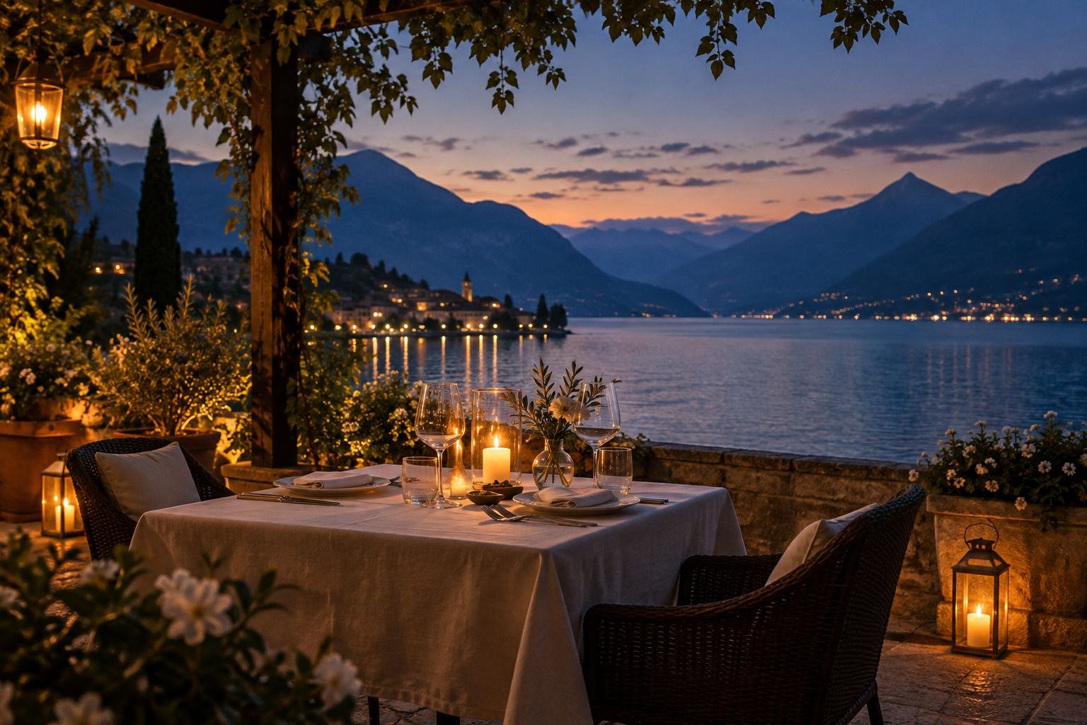 A candlelit table for two overlooks a mountain lake at dusk.