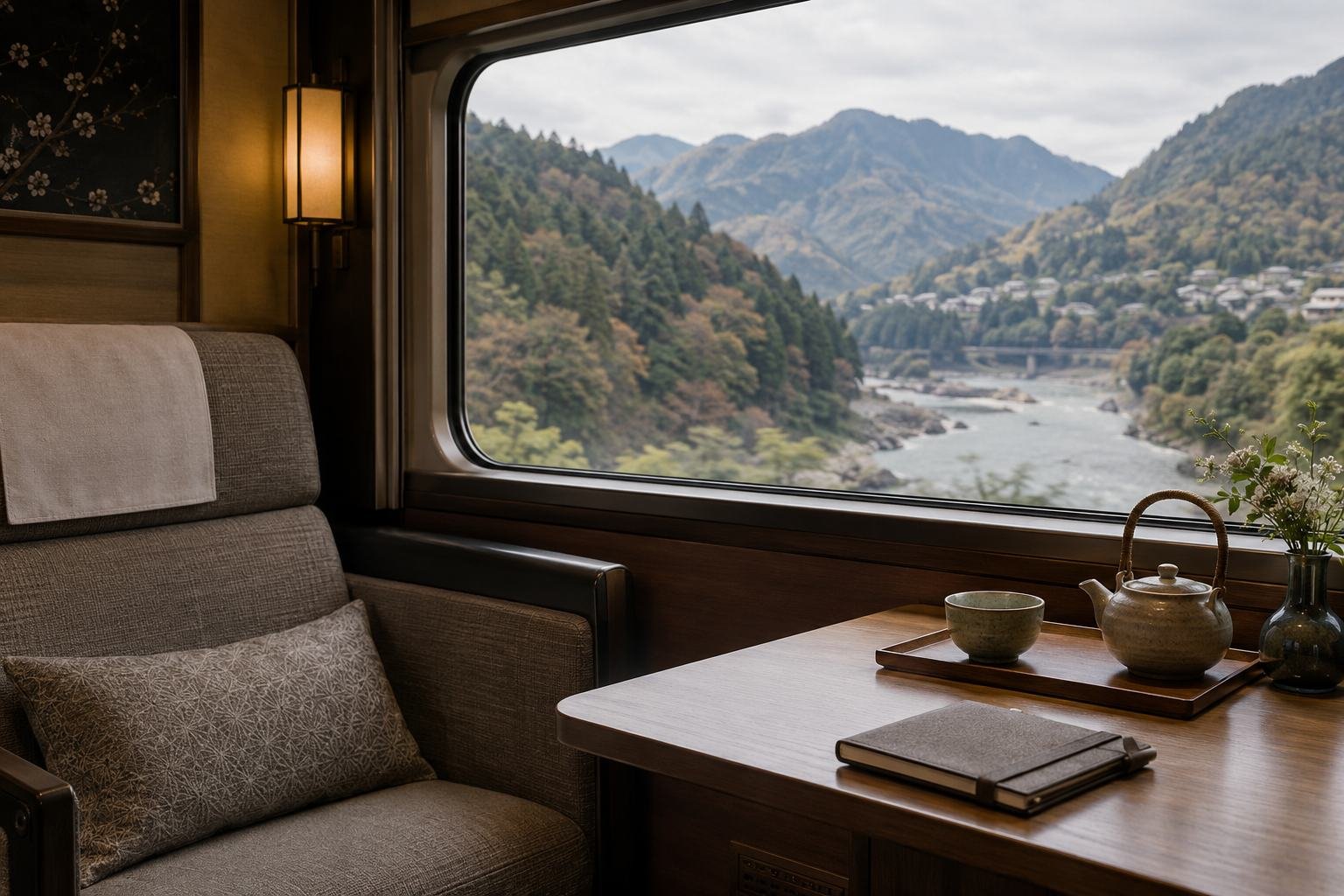 A private train compartment with a ceramic tea set beside a broad mountain view.