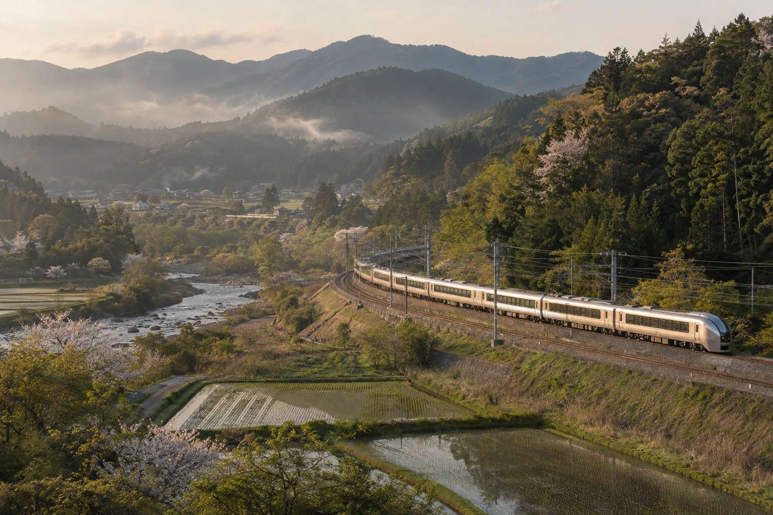 An unbranded passenger train curves through forest and rice fields in rural Japan.
