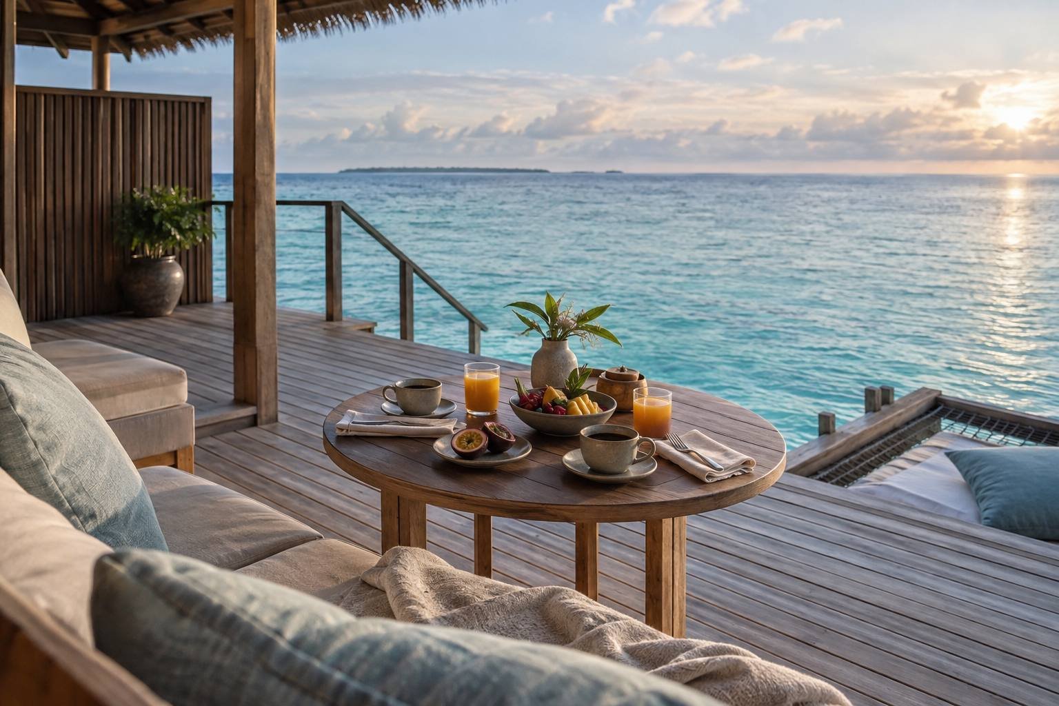 Breakfast for two is arranged on a shaded terrace above a blue lagoon.