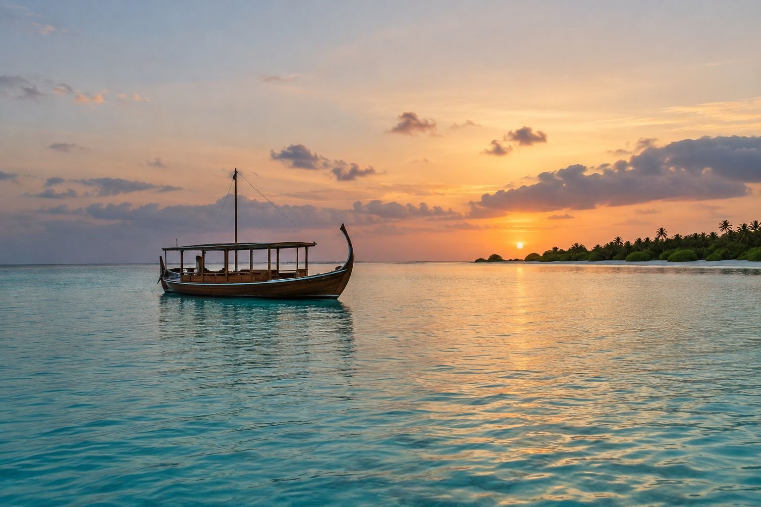 A wooden island boat floats on a calm lagoon near sunset.