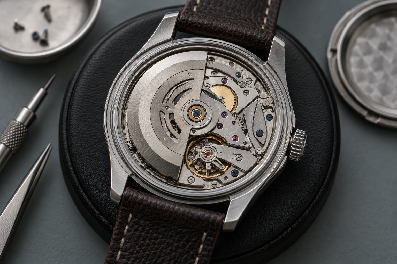 A mechanical watch movement reveals its rotor, bridges, gears and jewel bearings.
