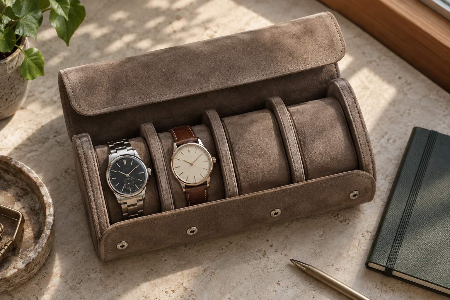 Two unbranded watches occupy separate slots in a taupe suede watch roll.