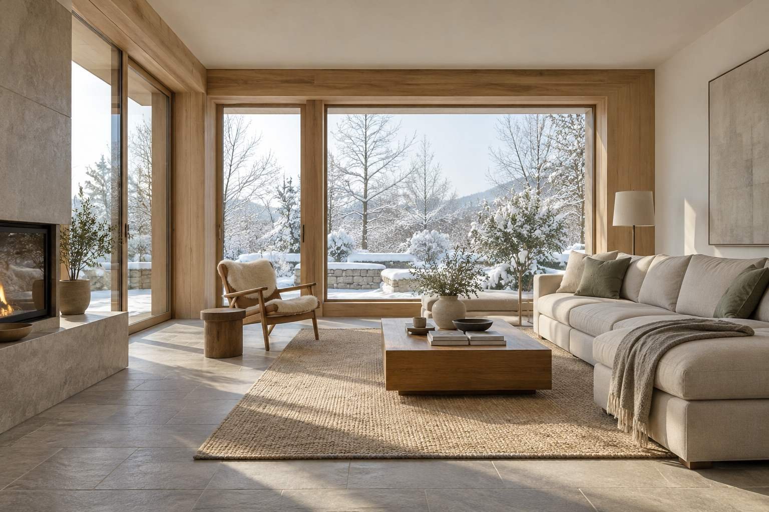 A warm living room faces a snowy garden through deep timber-framed windows.