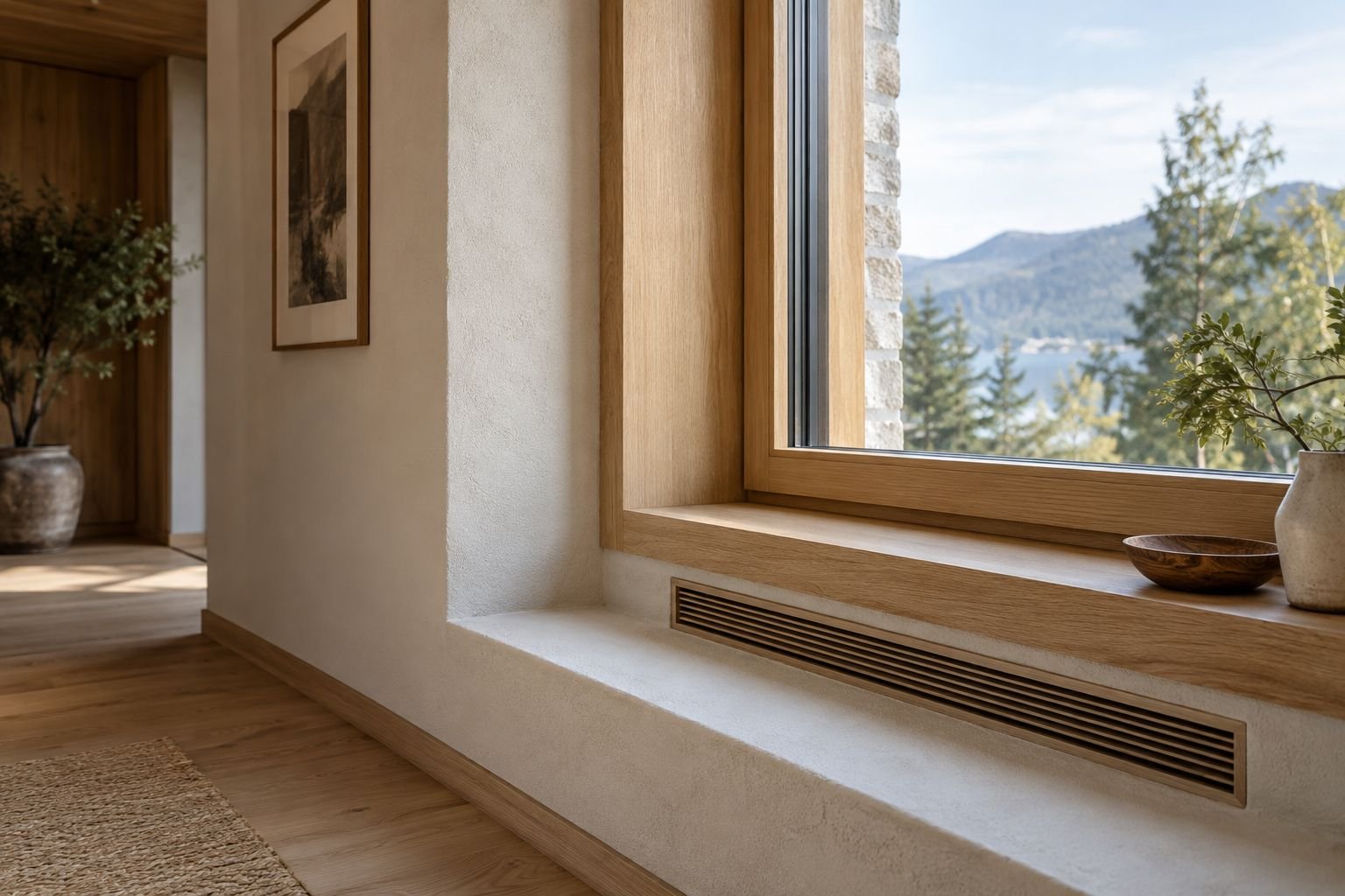 A deep timber window reveal incorporates a discreet ventilation grille.