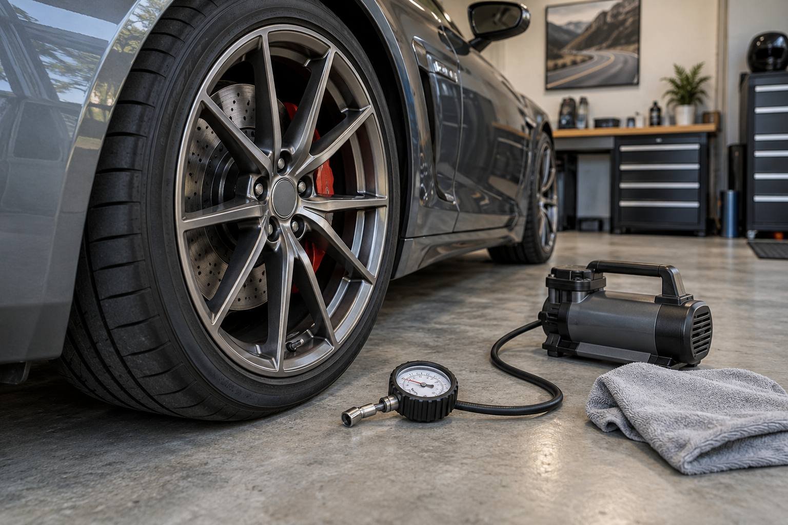 A tire-pressure gauge and compressor sit beside a performance-car wheel.