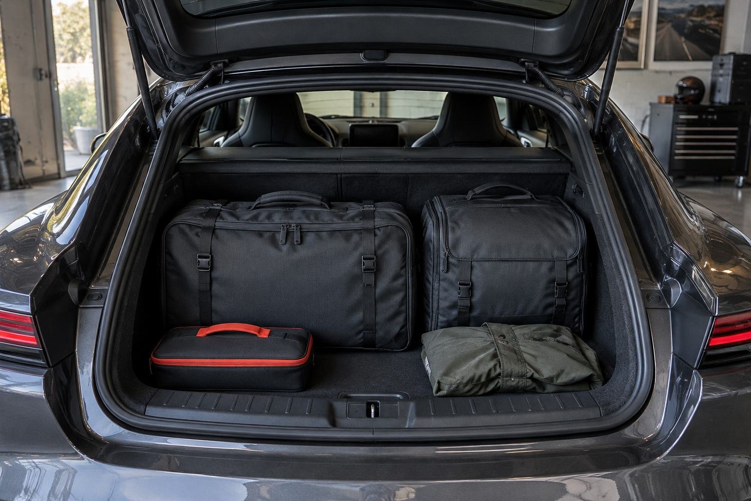 Soft travel bags and an emergency kit fit neatly inside a coupe luggage area.