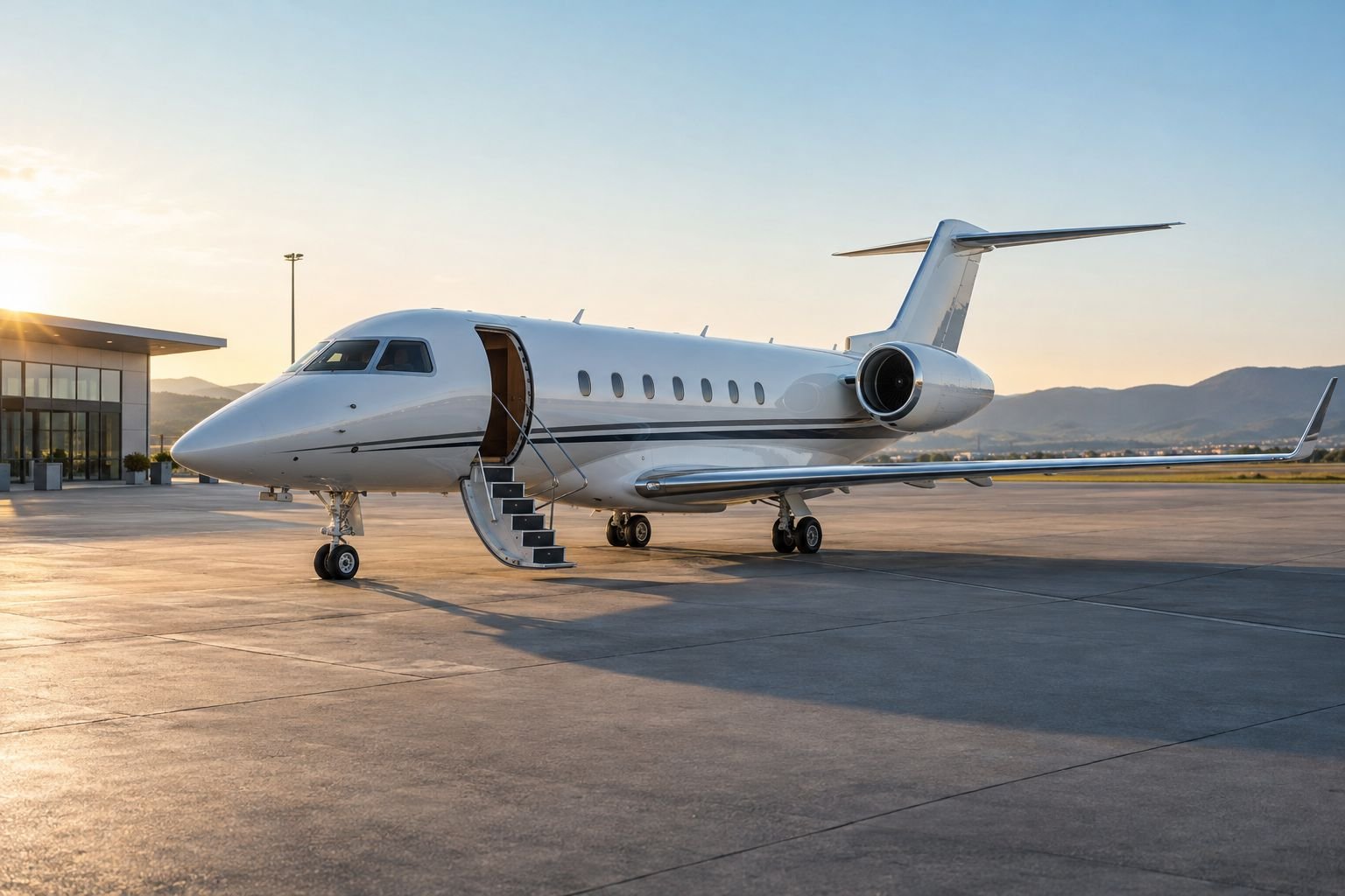 An unbranded business jet stands on a regional-airport apron in early light.