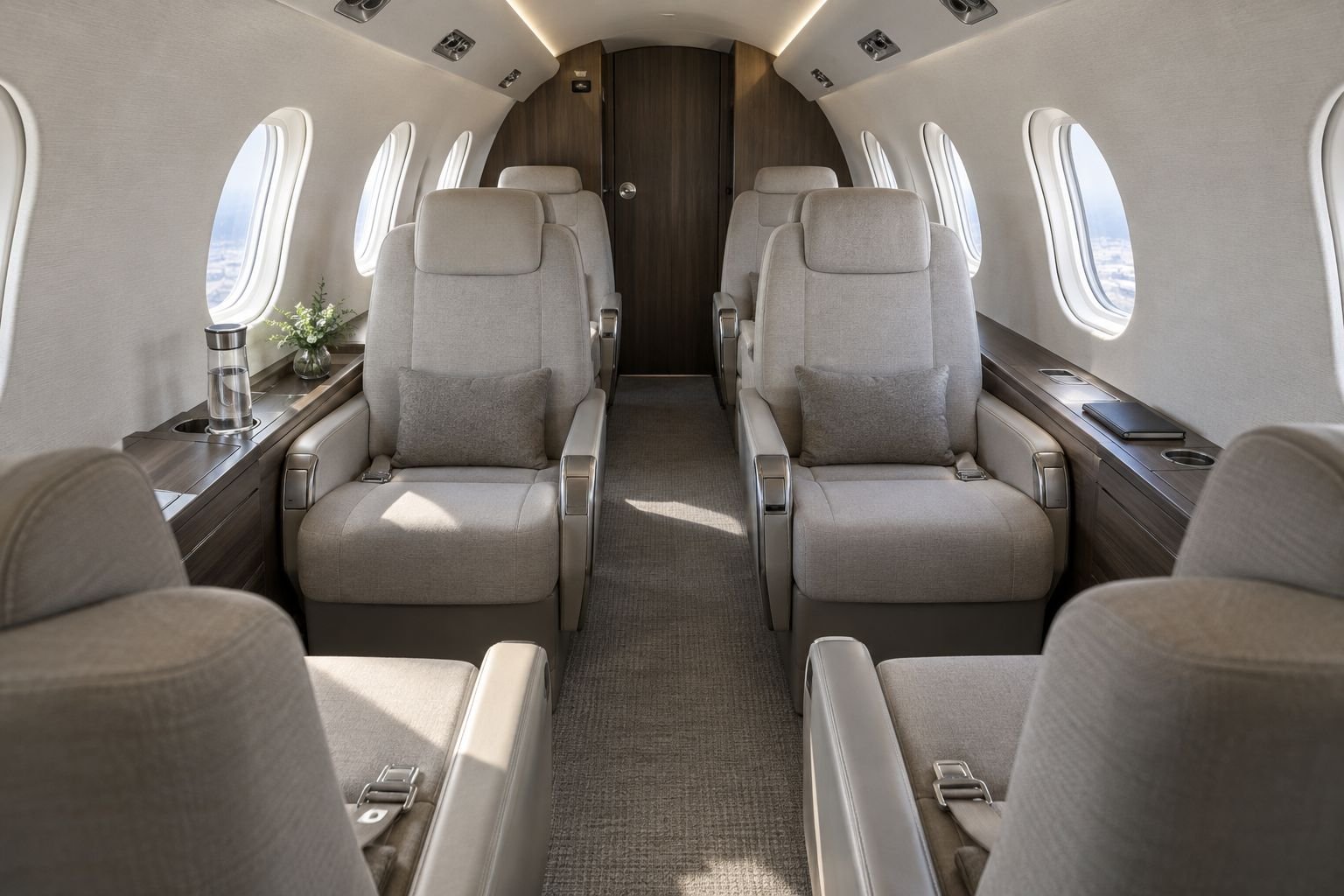 A compact business-aircraft cabin has six neutral seats and a clear central aisle.