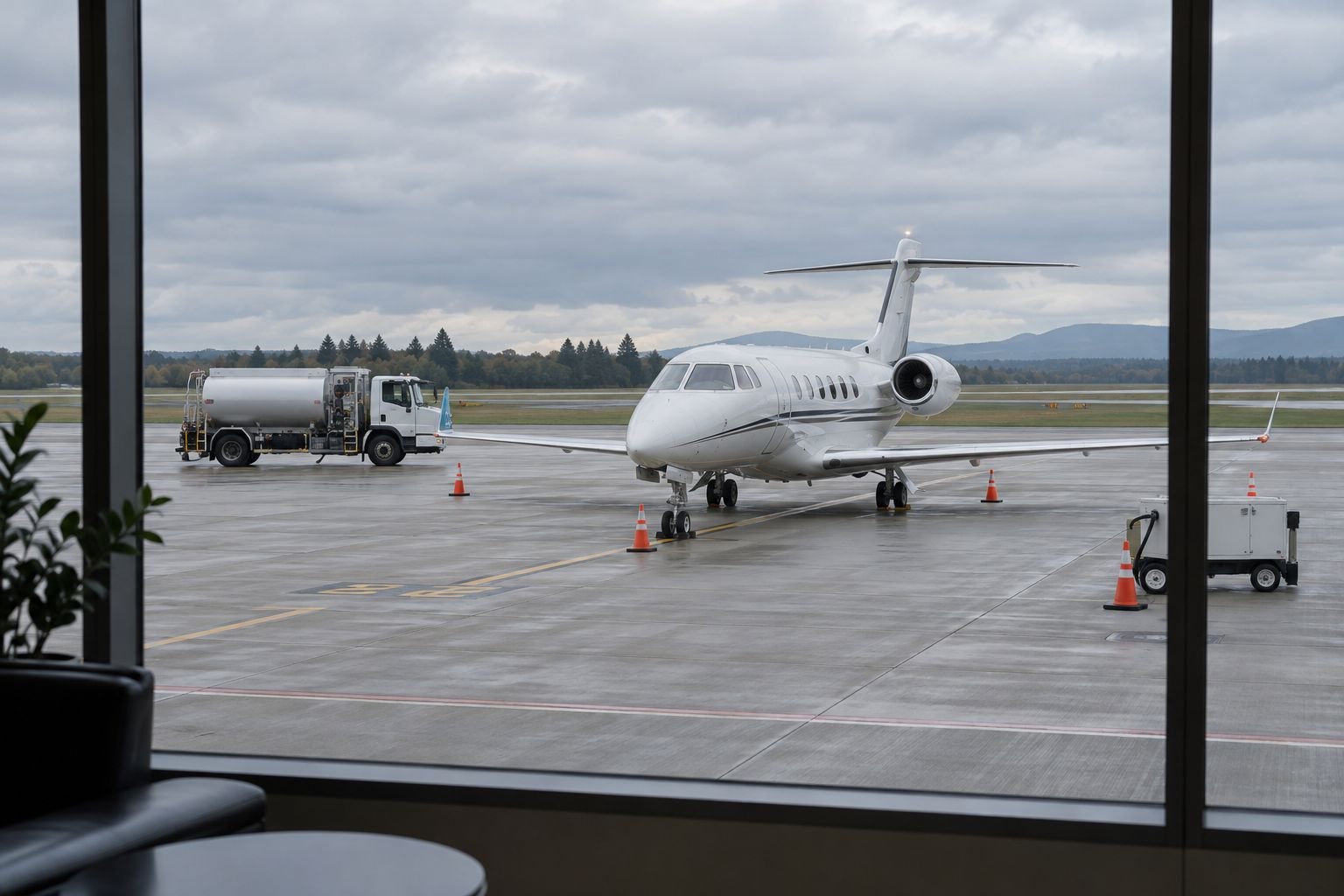 A business jet and service vehicle stand on a wet regional-airport apron.