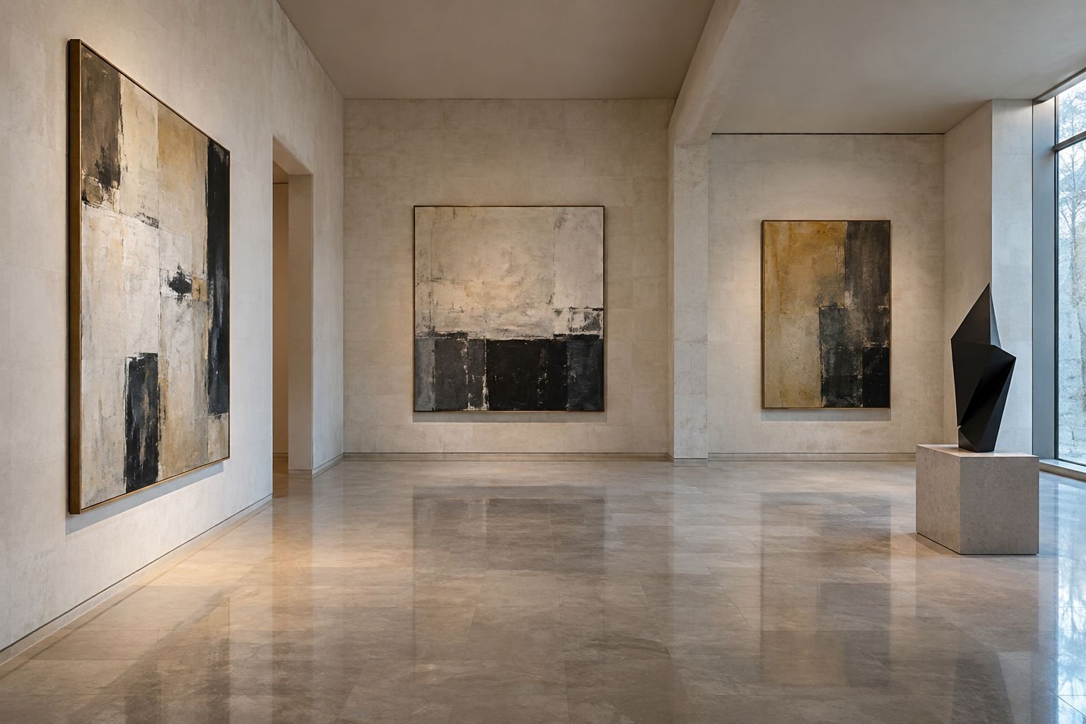 A serene fictional gallery displays three abstract canvases and a dark sculpture.