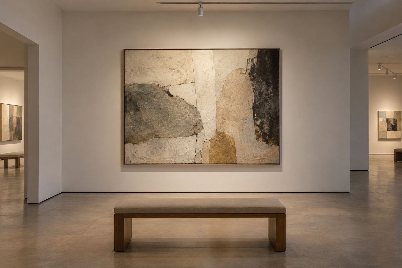 An original muted abstract canvas hangs above a simple gallery bench.