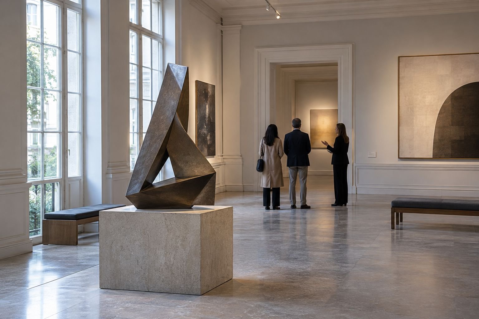 Three distant visitors discuss an original geometric sculpture in a fictional gallery.